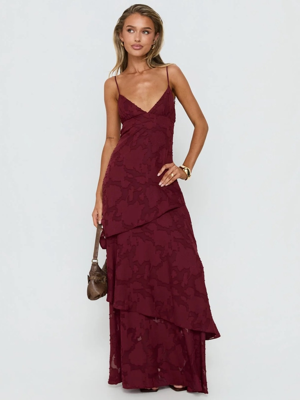 Princess Polly Burgundy Lace Tiered Slip Maxi Dress